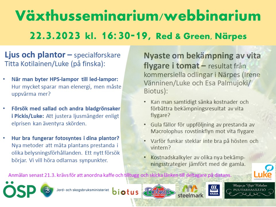 Växthusseminarium/webbinarium –  22.3.2023 Red&Green, Närpes kl. 16:30-19